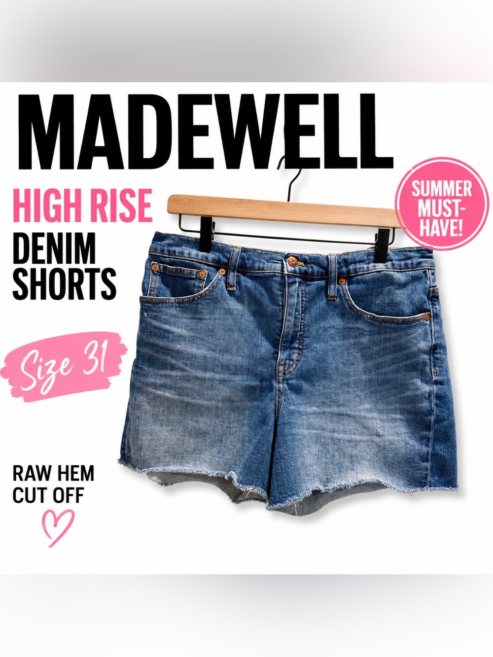 Madewell High Rise Denim Shorts Size 31 Blue Wash Raw Hem Cutoff Jean Shorts
